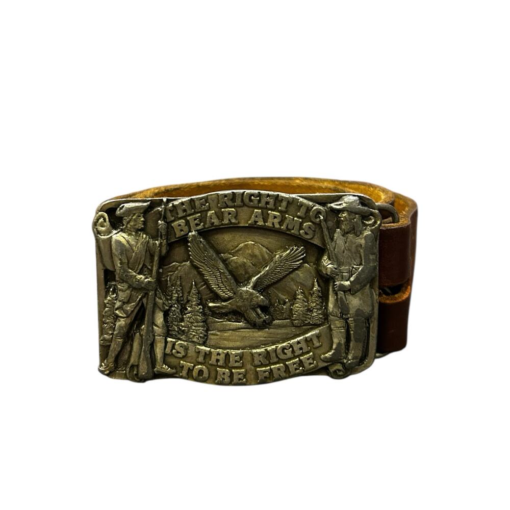 Vintage 1982 Siskiyou “Right to Bear Arms” Belt Buckle with Brown Leather Belt